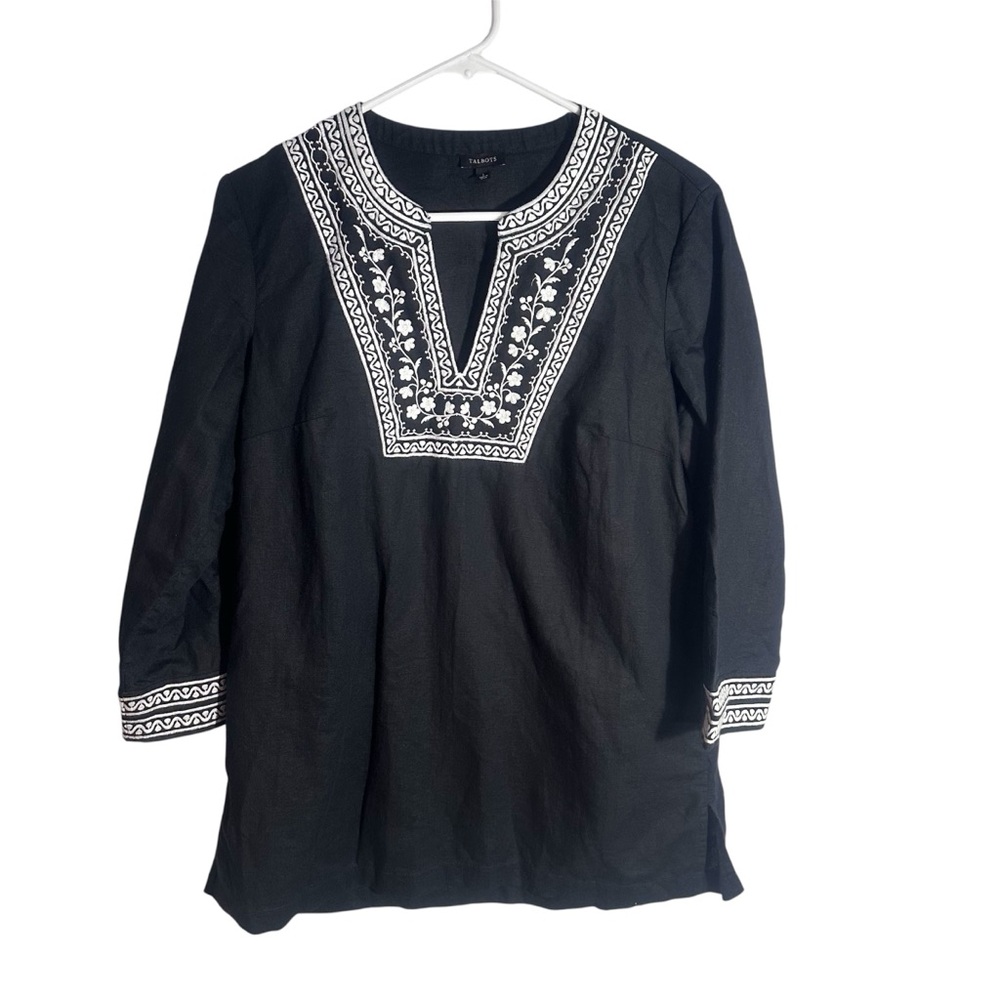 Talbots linen blend black embroidered top shirt women’s small - Picture 2 of 9